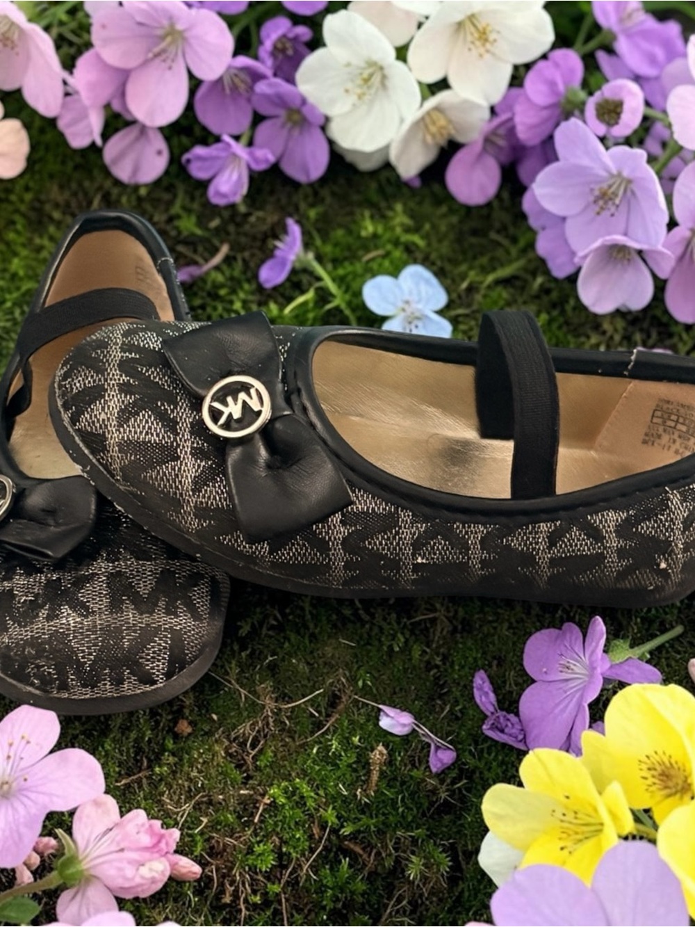 Michael Kors Black Logo Mary Jane Flats with MK Bow Accent